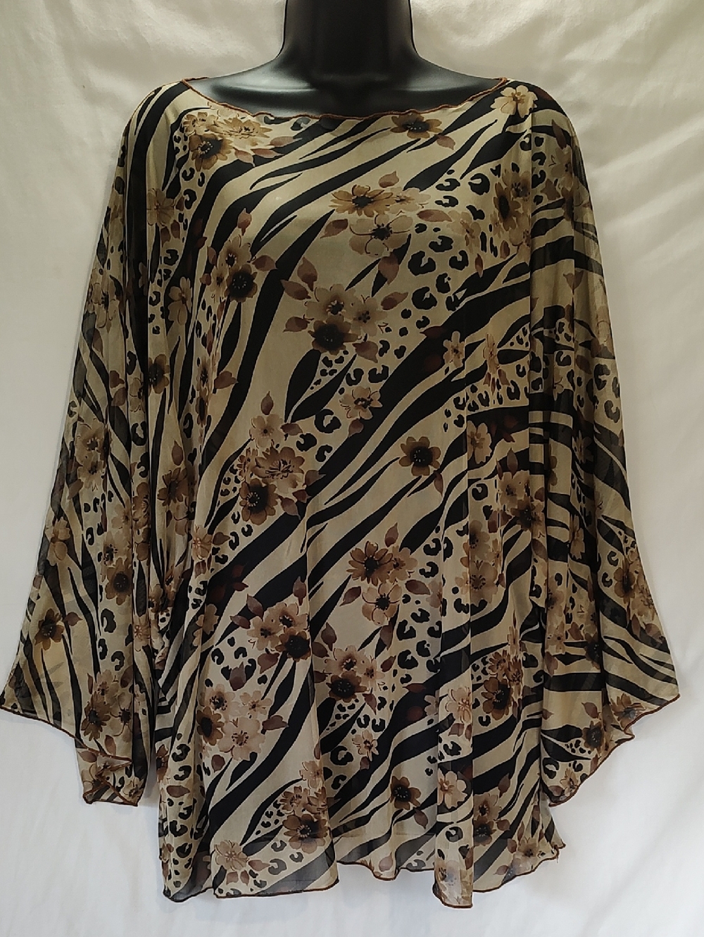 Floral Zebra Print Sheer Blouse - Neutral Brown